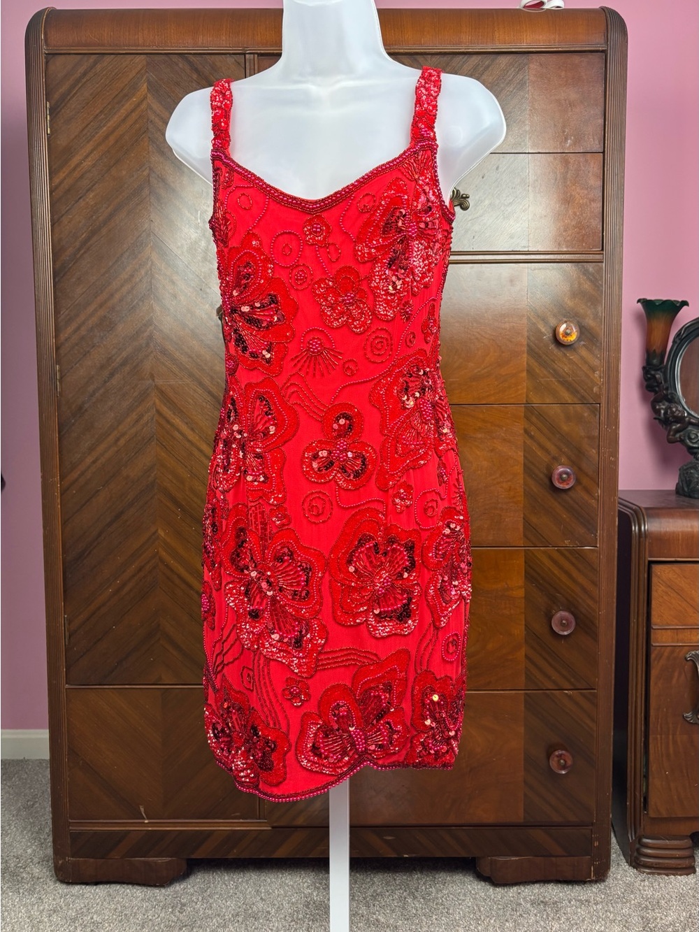 Vintage Nite Nite 100% Silk Beaded & Sequined Floral Dress US XS